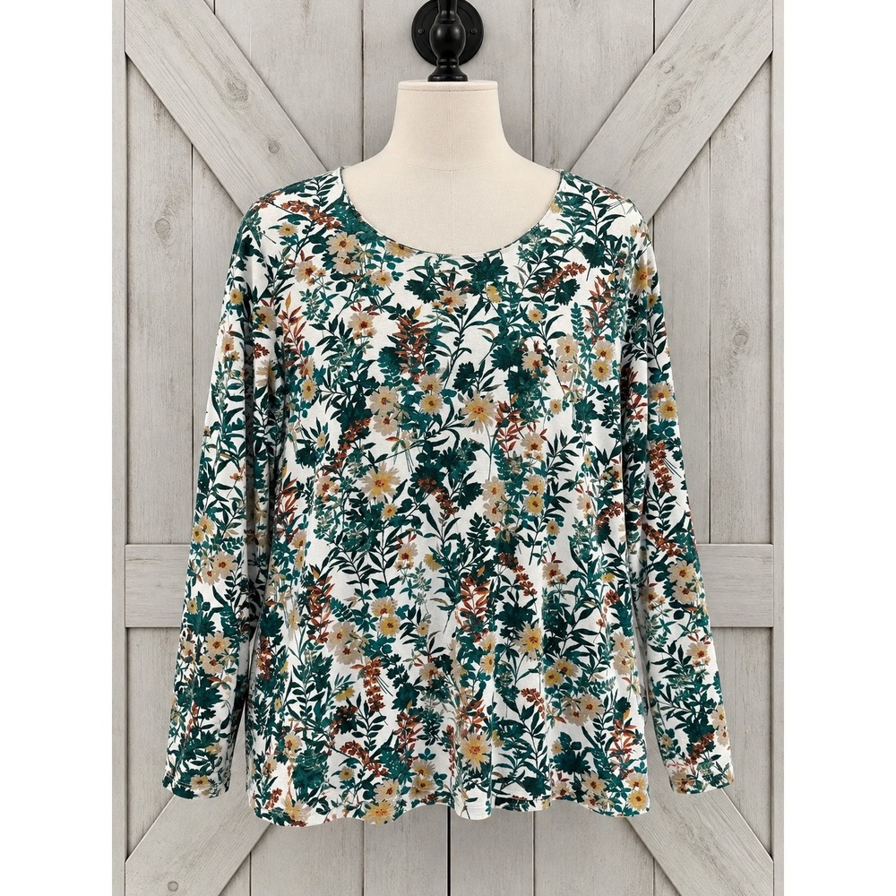 J. Jill Perfect Pima Cotton Floral High-Low Tee Large White Green Long Sleeve